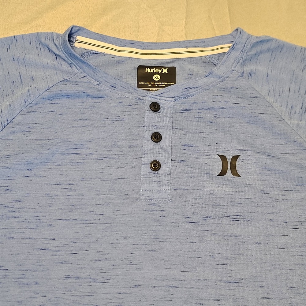 Hurley Henley Shirt Boys XL Blue Space Dye Short Sleeve Raglan Logo Tee